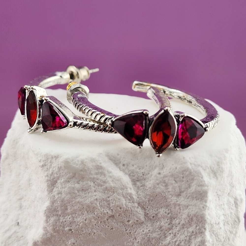 Red Faceted Glass Stone Hoop Earrings Silver Tone Marquise Trillion Statement